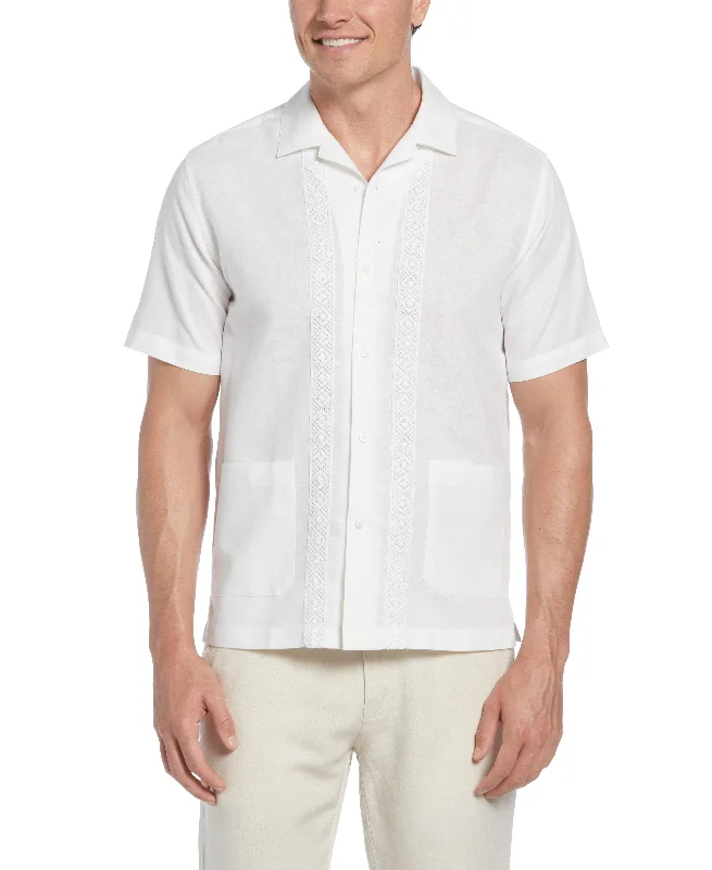 Linen-Blend Applique Panel Guayabera Shirt Elasticated Padded Insulated