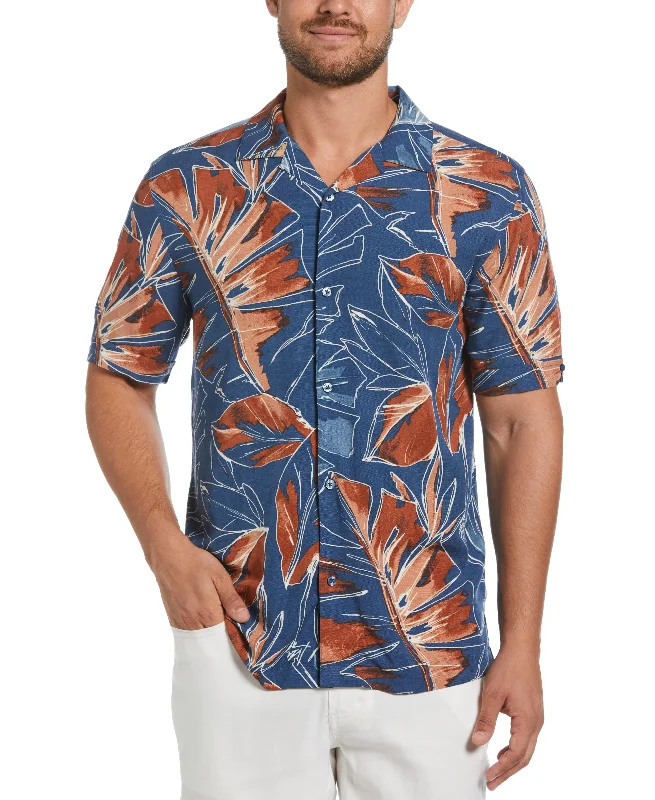 Oversized Tropical Sketch Print Shirt Satin Blend Silk Blend Wool Blend