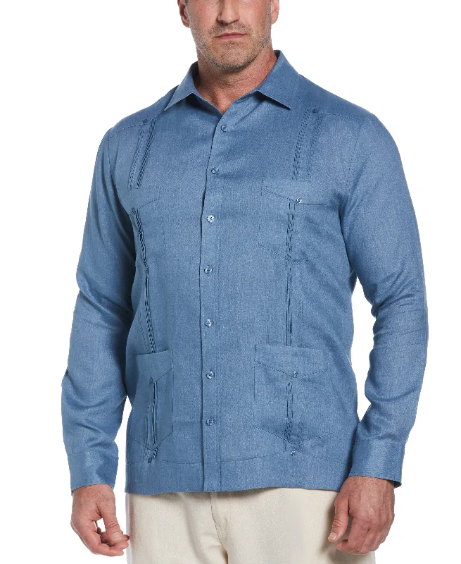 Big & Tall 100% Linen Classic Guayabera Shirt - Long Sleeve Notch Collar Peter Pan Collar Cowl Neck