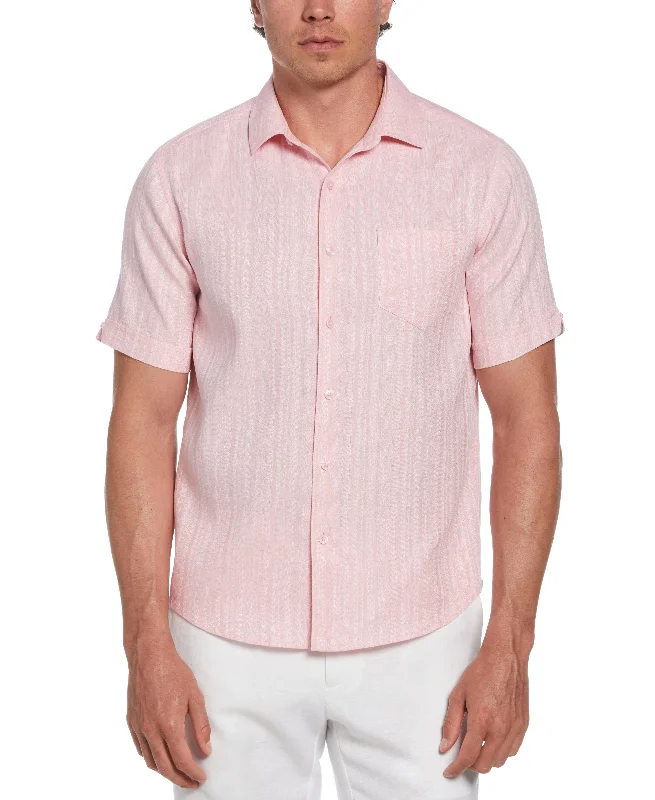 Linen Blend Dobby Stripe Print Shirt Iron Safe Non-Iron Wrinkle Free