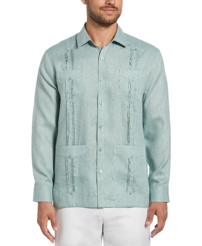 100% Linen Classic Guayabera Shirt - Long Sleeve - Green Welt Pockets Slit Pockets Flap Pockets
