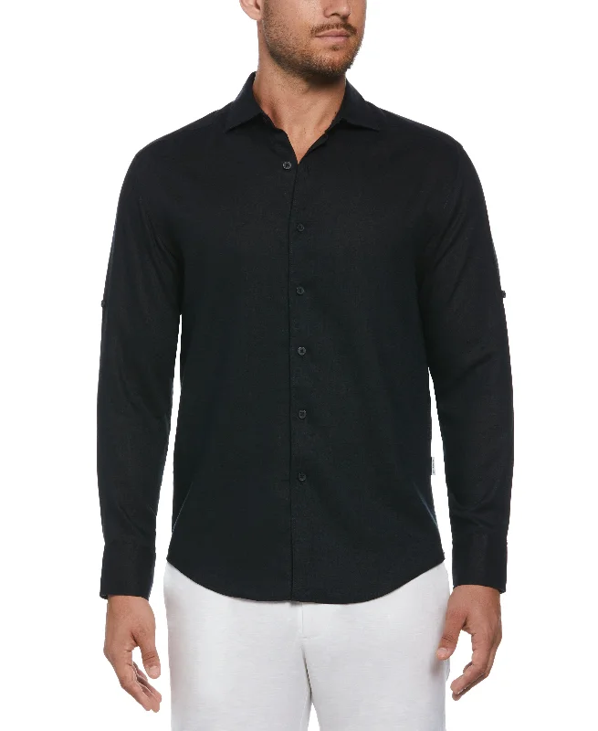 Travelselect™ Linen-Blend Rolled Sleeve Shirt Ribbed Striped Patterned