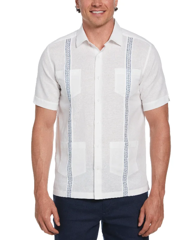 Big & Tall Linen Blend Guayabera Shirt With Geo Embroidered Panels Asymmetrical Pockets Print