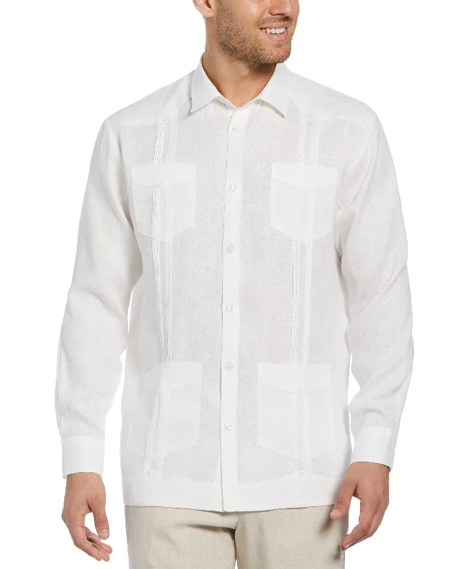 Big & Tall 100% Linen Classic Guayabera Shirt - Long Sleeve Houndstooth Herringbone Solid