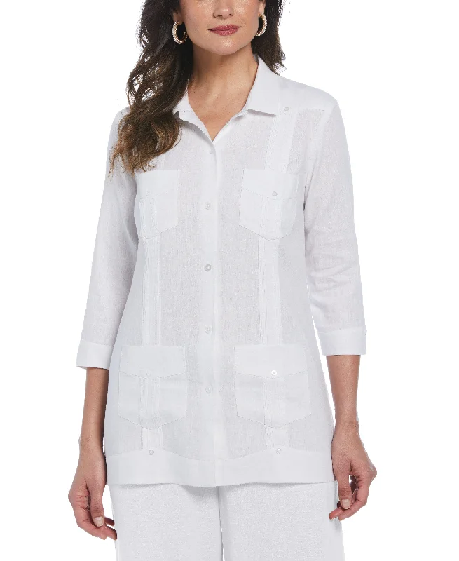Women's Linen Blend Guayabera Shirt - White Collared Crew Neck Turtle Neck