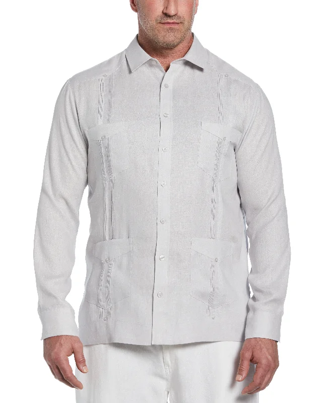 Big & Tall 100% Linen Classic Guayabera Shirt - Long Sleeve Striped Floral Plaid