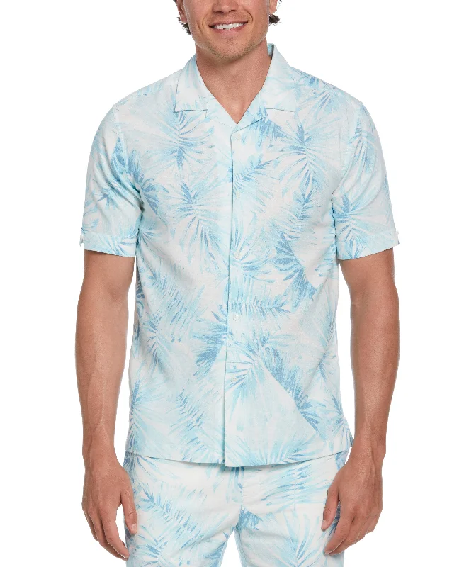 Linen Blend Tropical Palm Print Shirt Hooded Caped Shawl Collar