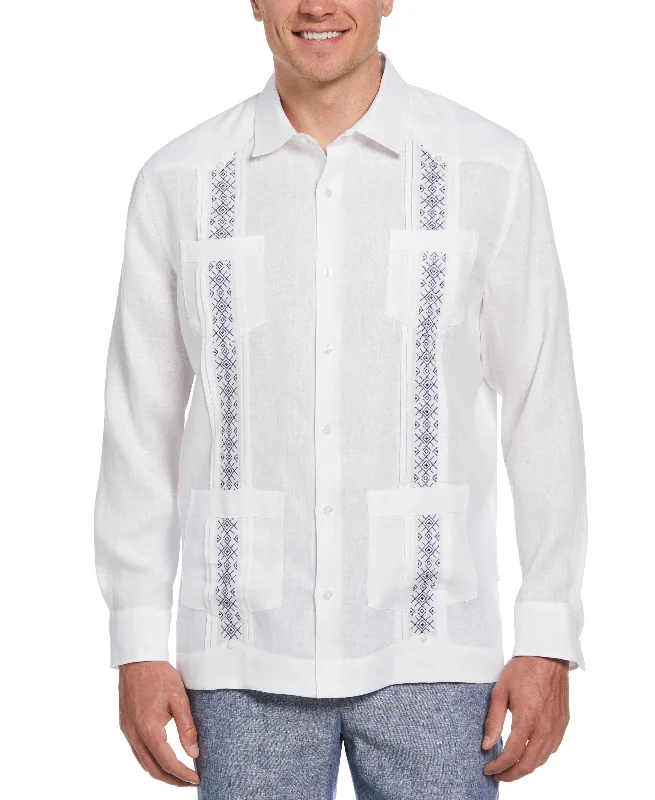 Solid Linen Guayabera Shirt With Contrast Embroidery Terry Blend Velvet Blend Canvas Blend