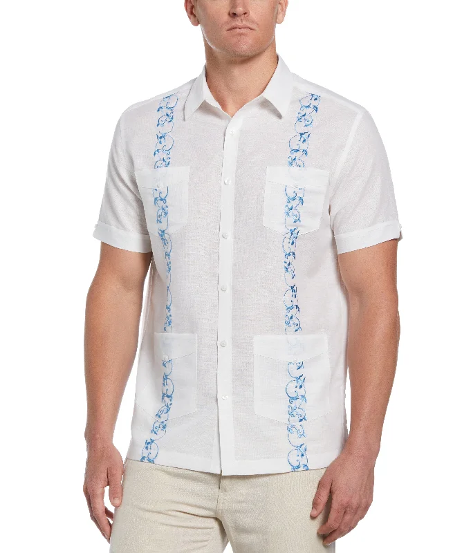 Linen Blend Contrast Embroidery Guayabera Shirt Hooded Caped Shawl Collar