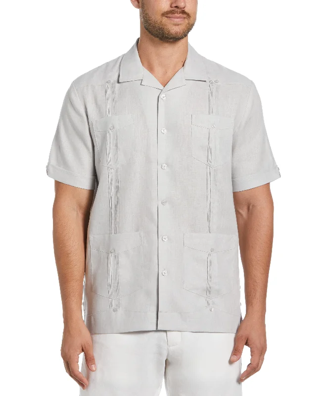 100% Linen Classic Guayabera Shirt - Short Sleeve Thin T-Shirt Open Front Quick Dry