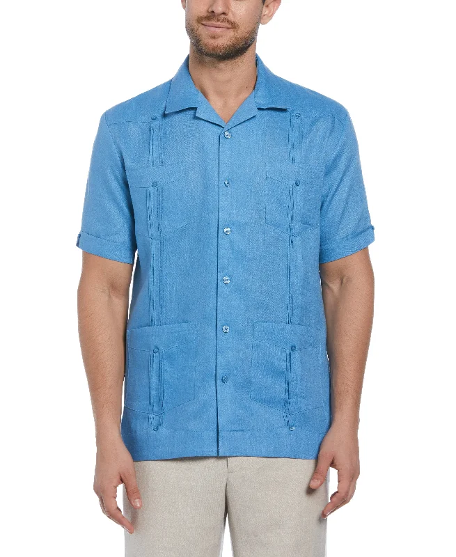100% Linen Classic Guayabera Shirt - Short Sleeve Graphic Embroidered Appliqued
