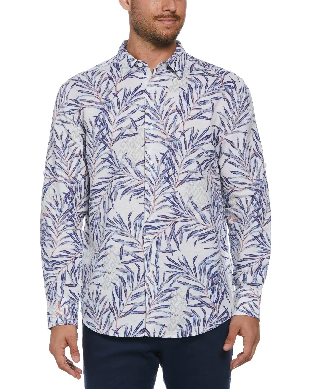 Linen Blend Geo Leaf Print Shirt Fitted T-Shirt Seamless Stretchy