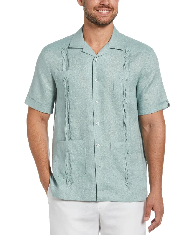 100% Linen Classic Guayabera Shirt - Short Sleeve Collared T-Shirt Boat Neck A-Line