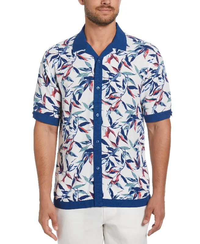 Watercolor Leaf Print Textured Shirt Boxy Fit Fitted Loose