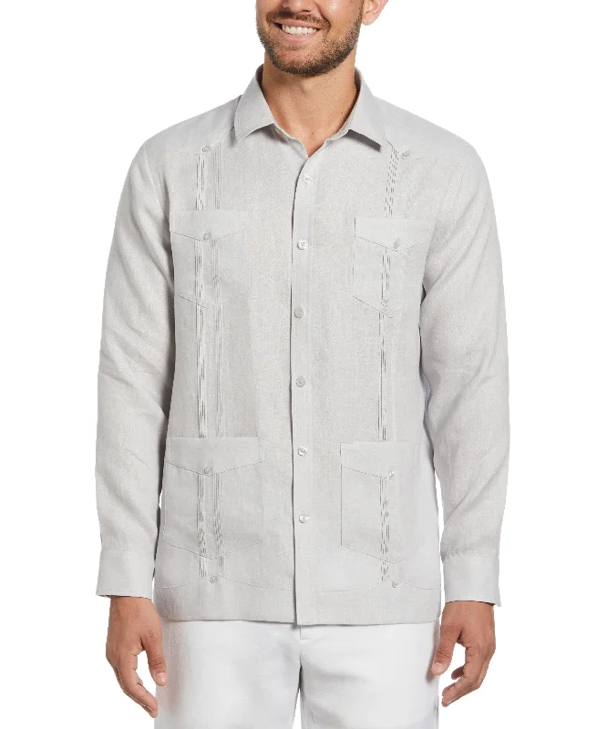 100% Linen Classic Guayabera Shirt - Long Sleeve - Light Gray Elasticated Padded Insulated