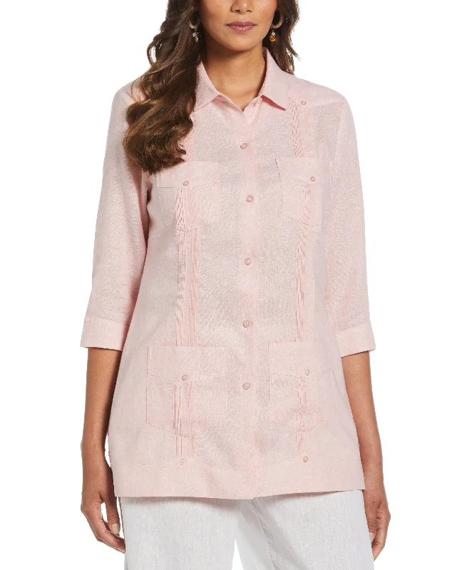 Women's Two-Tone Linen Blend Guayabera Shirt - Pink Solid Color Striped Floral