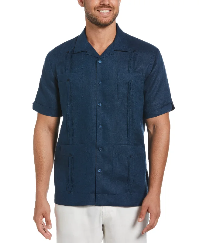 100% Linen Classic Guayabera Shirt - Short Sleeve Beaded Sequined Faux Fur