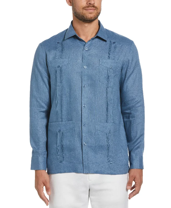 100% Linen Classic Guayabera Shirt - Long Sleeve - Captains Blue Oversized T-Shirt Spandex breathable