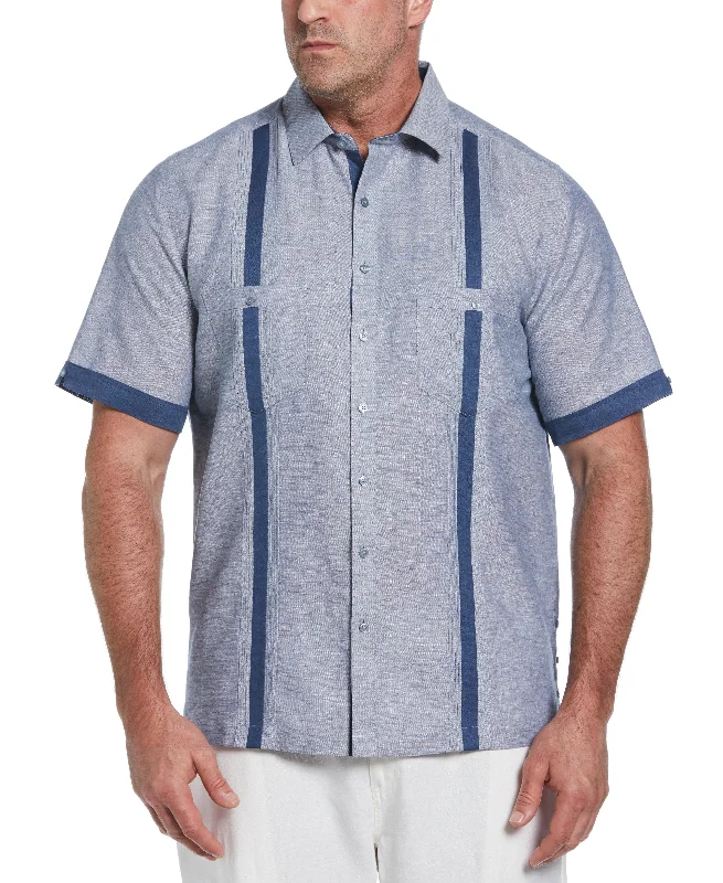 Big & Tall Linen Blend Cross Dye Guayabera Shirt Asymmetrical Pockets Print