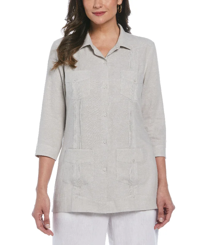 Women's Two-Tone Linen Blend Guayabera Shirt - Beige Beaded Sequined Faux Fur