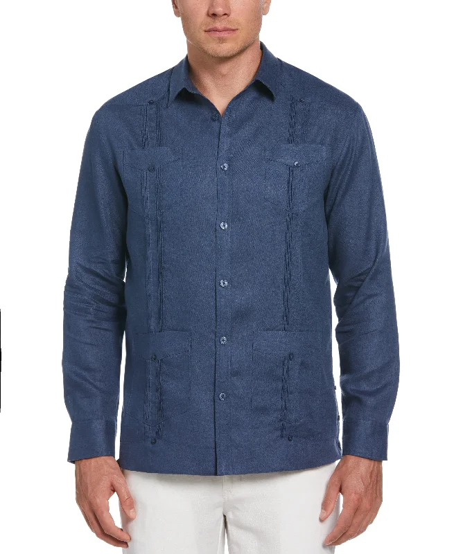 100% Linen Classic Guayabera Shirt - Long Sleeve - Ensign Blue Graphic Embroidered Appliqued