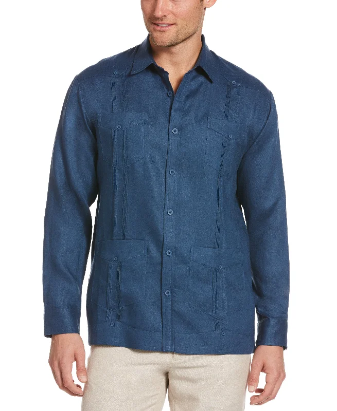 Big & Tall 100% Linen Classic Guayabera Shirt - Long Sleeve Collared Crew Neck Turtle Neck