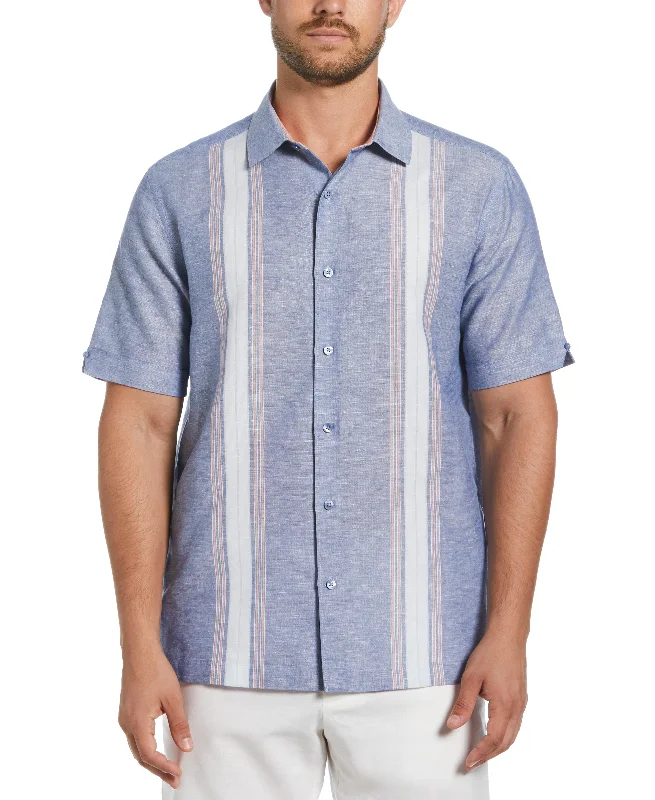 Linen Blend Textured Panel Shirt Fitted T-Shirt Seamless Stretchy