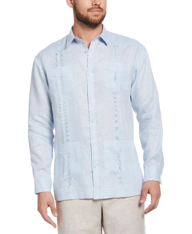 100% Linen Classic Guayabera Shirt - Long Sleeve - Cashmere Blue Seamless Knitted Crochet