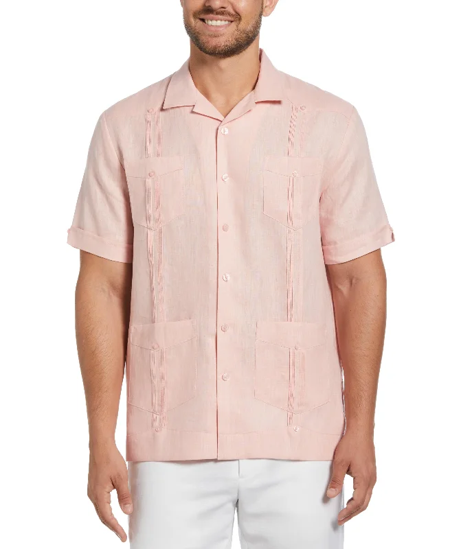 100% Linen Classic Guayabera Shirt - Short Sleeve Spandex Blend Rayon Blend Denim Blend