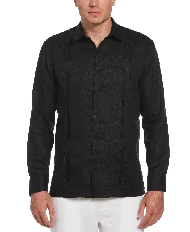 100% Linen Classic Guayabera Shirt - Long Sleeve - Black Zippered Buttoned Snapped