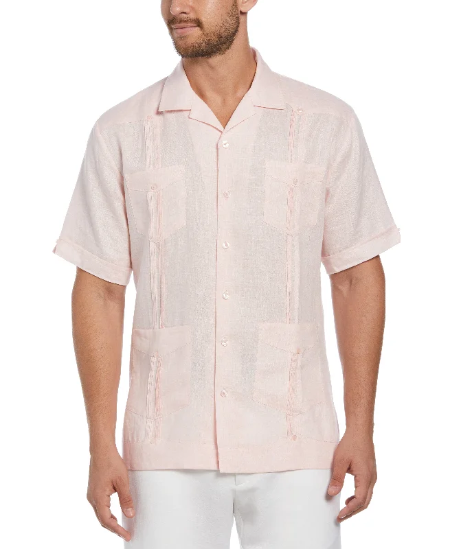 100% Linen Classic Guayabera Shirt - Short Sleeve Collared Crew Neck Turtle Neck
