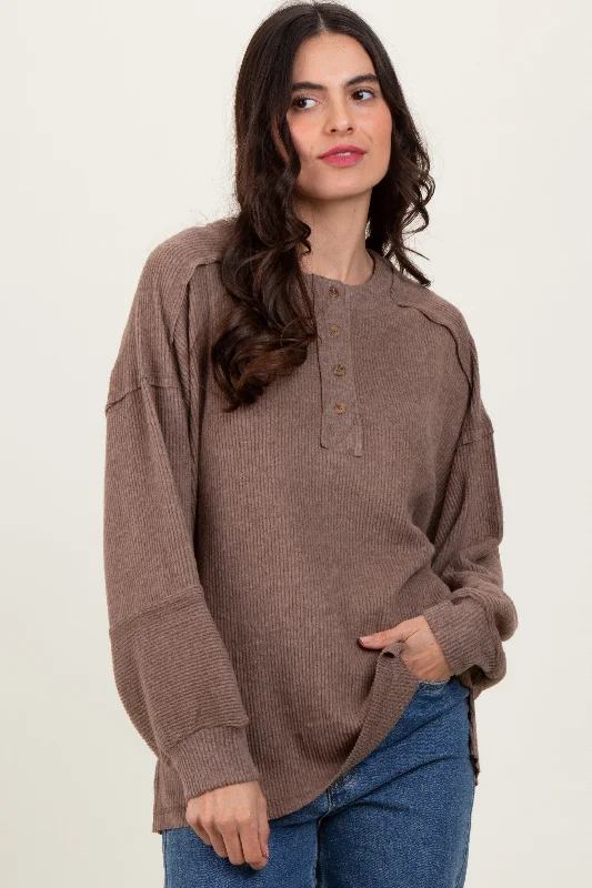 Mocha Oversized Ribbed Knit Henley Sweater Lace Blend Ribbed Blend Corduroy Blend