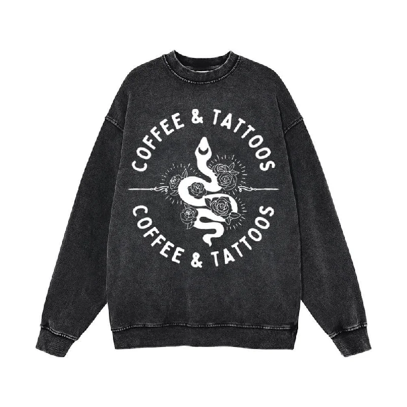 Coffee and Tattoos Snake Rose Vintage Washed Sweatshirt Hoodie with V-Neck Classic Versatile