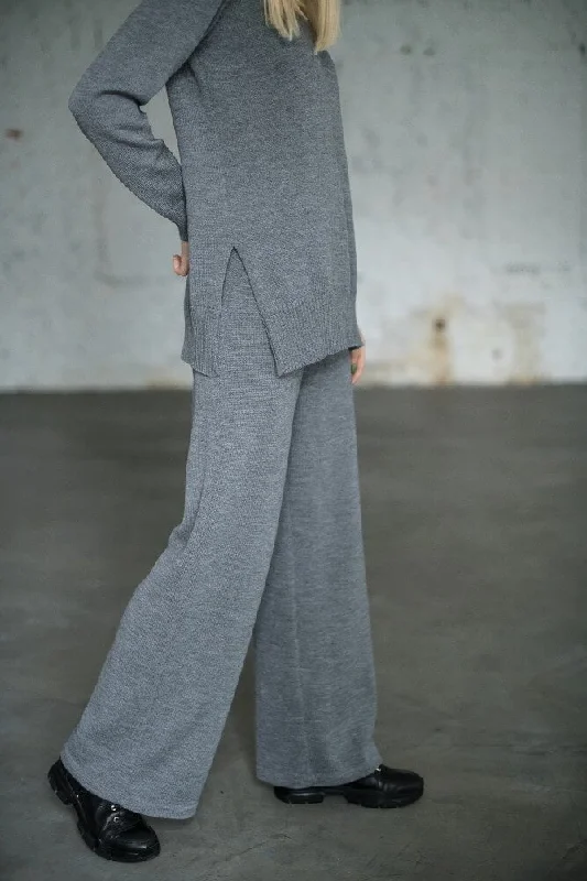 Merino Wool Wide-Leg Knitted Pants Grey Comfortable Jogger Trousers