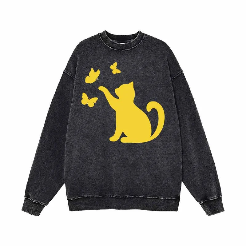 Cat With Butterfly Kitten Playing Vintage Washed Sweatshirt Hoodie with Cuffed Sleeves Snug Secure