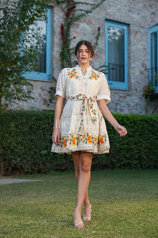 Floral Embroidered Women’s Designer Dress in Ivory with Lace Detailing and Belted Waist Tunics Formal black