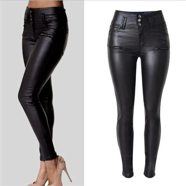 Explosion models high waist 3 button Slim leather pants PU feet pants Chic Wool Trousers