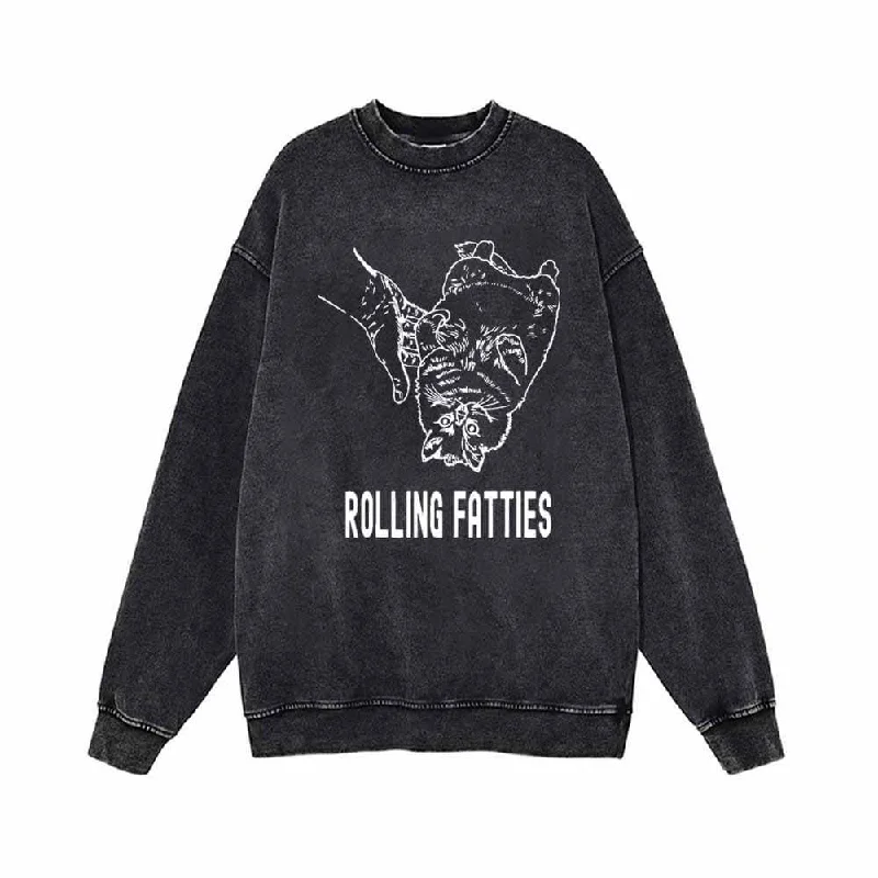 Rolling Fatties Cute Cat Vintage Washed Sweatshirt Hoodie with Strings Custom Fit Adjustable