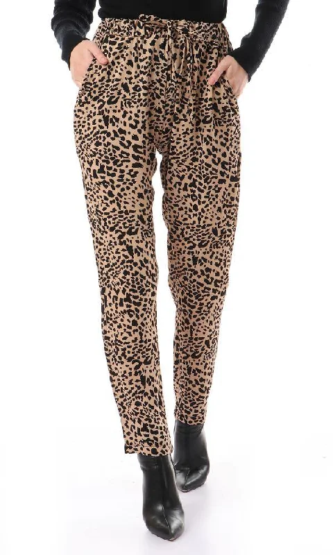 57998 Leopard Elastic Waist Casual Pants - Dark Beige & Camel Chic Black Leggings