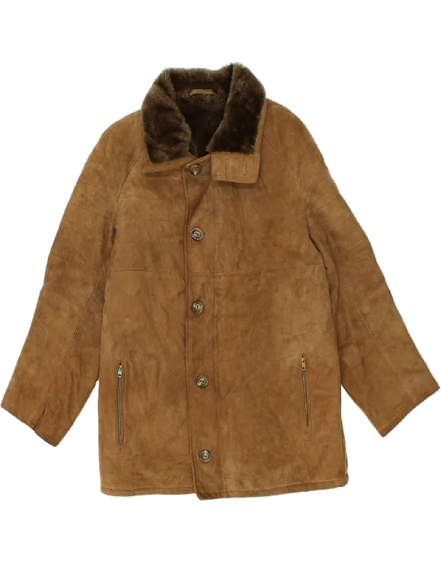 VINTAGE Womens Shearling Jacket IT 50 XL Brown Front Pockets Side Pockets Patch Pockets