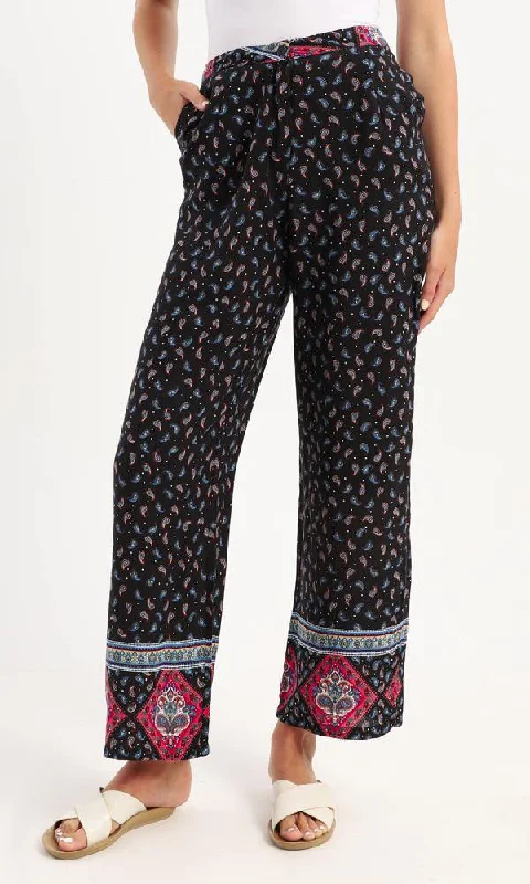 56985 Side Pockets Paisley Wide Leg Black Pants Trendy Velvet Pants