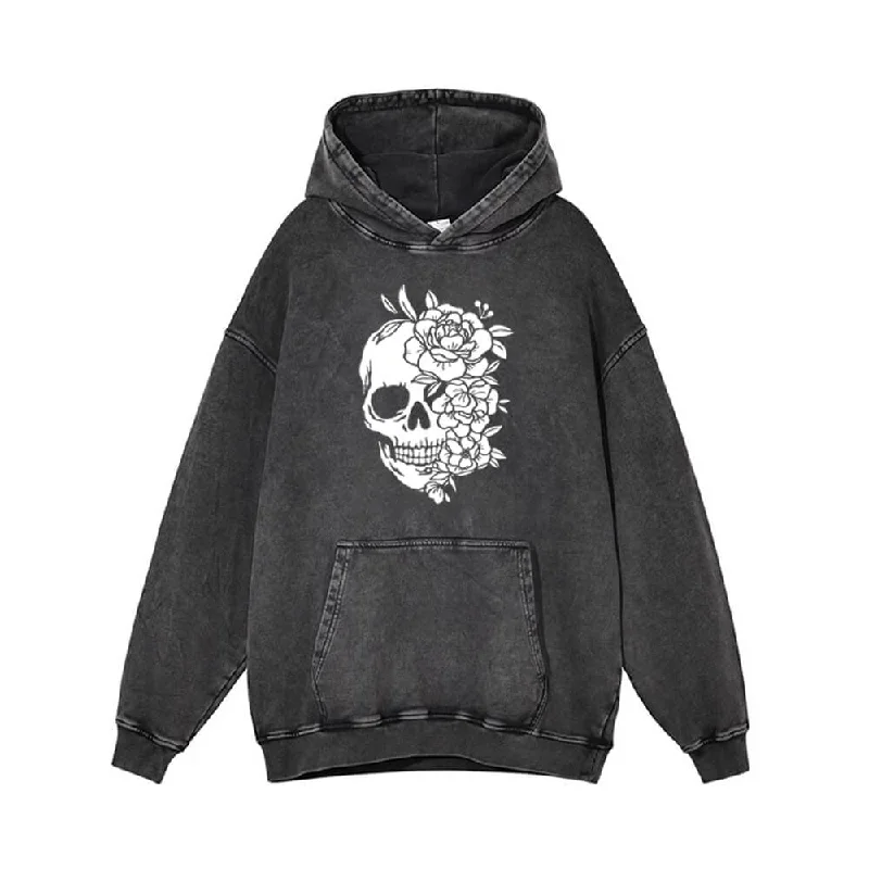 Flower Half Face Skull Vintage Washed Hoodie Hoodie with Embroidery Detailed Premium