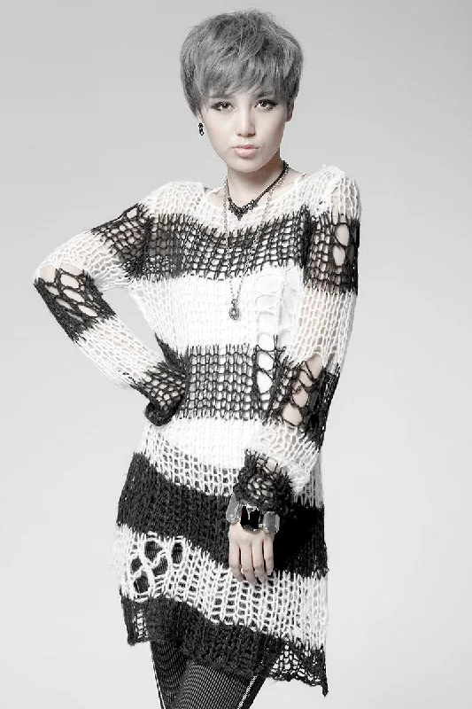 Punk Rave Damage Striped Sweater [Black/White] Fleece Fabric Down Fabric Feather Fabric