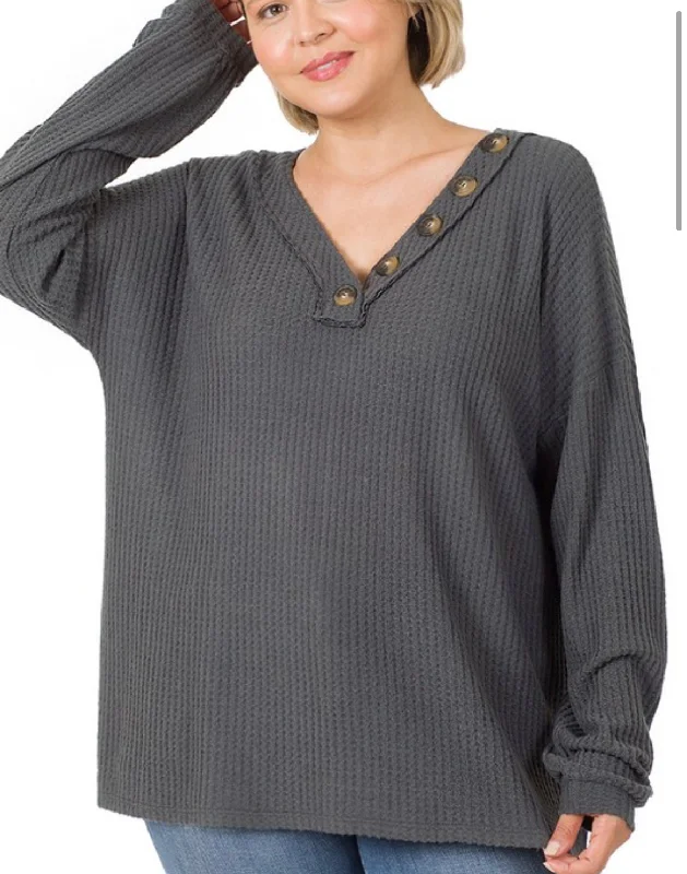 Brushed Thermal Waffle Knit Buttoned Sweater Anti-Pilling Anti-Shrink Durable