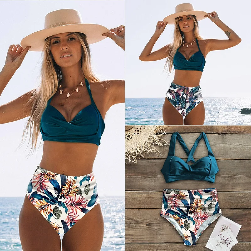 Sexy High Waist Bikinis Halter Swimwear Women Swimsuit Female Bikini Set Print Bodysuit Bathing Suit Summer Stylish Bodysuit for Party