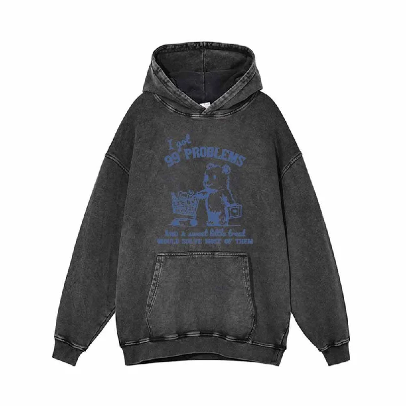 I Got 99 Problems Bear Print Vintage Washed Hoodie Hoodie with Mesh Breathable Sporty