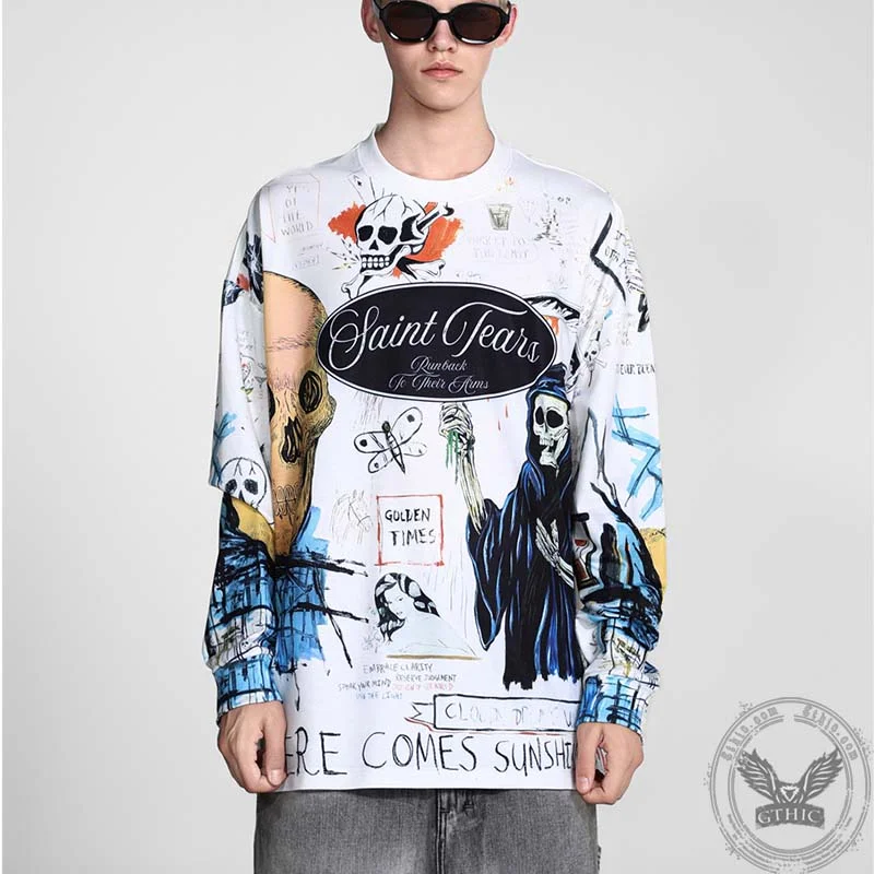 American Retro Skull Graffiti Crew Neck Sweatshirt Hoodie with Color Block Contrast Stylish