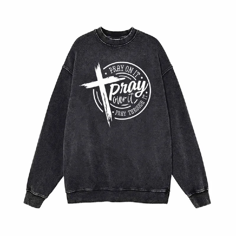 Pray On It Christian Cross Vintage Washed Sweatshirt Hoodie with Hidden Zipper Minimalist Clean