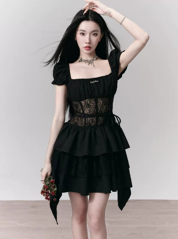 Gothic Lace-Bodice Puff Sleeve Tiered Ruffle Dress Tunics Office stylish