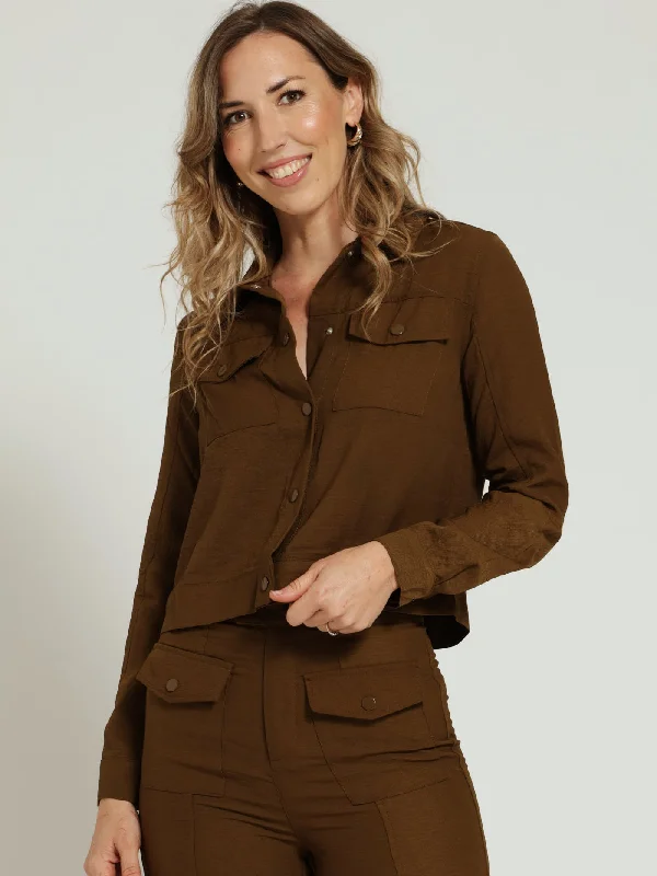 Long Sleeve Patch Utility Pocket Trucker Jacket - Olive Fleece Jacket Down Jacket Feather Jacket